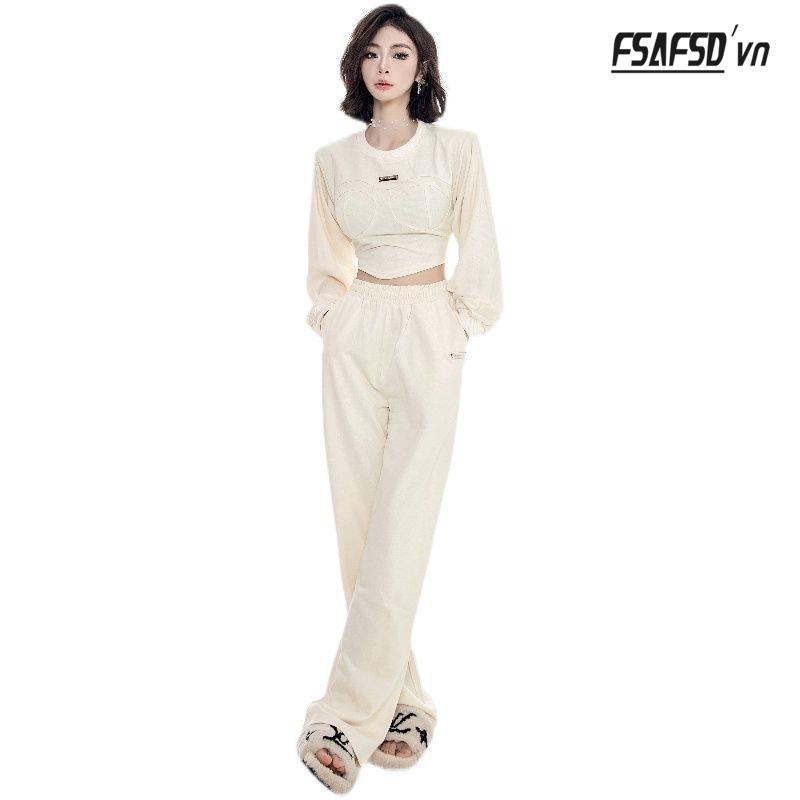 Set Đồ Thể Thao Gồm Quần Dài Ống Rộng Lưng Cao Kiểu Dáng Đơn Giản Năng Động Thời Trang