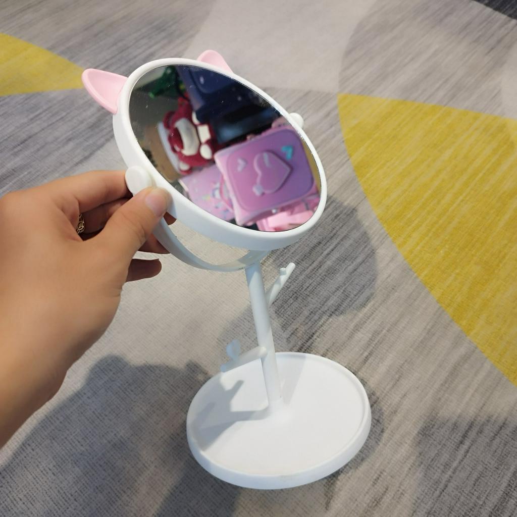 Gương để bàn tai mèo, gương xoay 360 độ có giá treo đồ tiện dụng