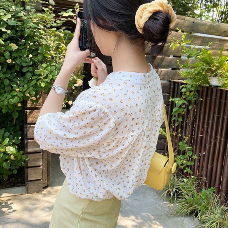 Áo sơ mi nữ cổ tàu kiểu hàn quốc dáng công sở basic họa tiết hoa nhí tay bồng ngắn vải trơn cotton poly K2T3-2