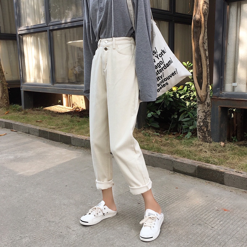 Quần jean lưng cao trơn màu cá tính theo phong cách Hàn Quốc