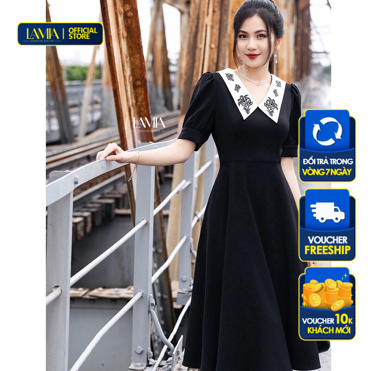 Váy nữ hè Lamia Design LD127 màu đen vạt thêu hoa hồng đen
