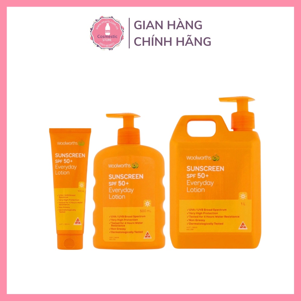 Kem chống nắng Woolworths Everyday Sunscreen SPF 50+ Đủ Size Không Gây Nhờn Rít Dùng Được Cho Mặt Và Body