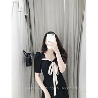 Đầm buộc nơ ngực viền bèo nữ - Váy đũi thái chữ A dáng suông ngắn tay phồng thiết kế 2 dây dài bản to HOT