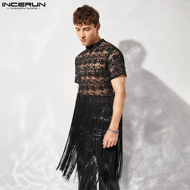 Áo thun INCERUN tay ngắn phối ren lưới nhìn xuyên qua thời trang mùa hè cho nam