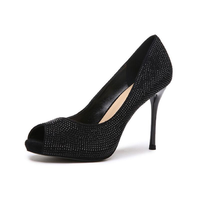 Giày Cao Gót Miệng Cá Đính Đá Màu Đen Phong Cách Âu Mỹ 2021