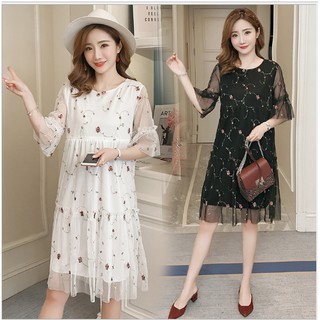 ĐẦM BẦU VÁY BẦU VOAN LƯỚI 2 MÀU ( sau sanh có dây kéo cho bé bú )