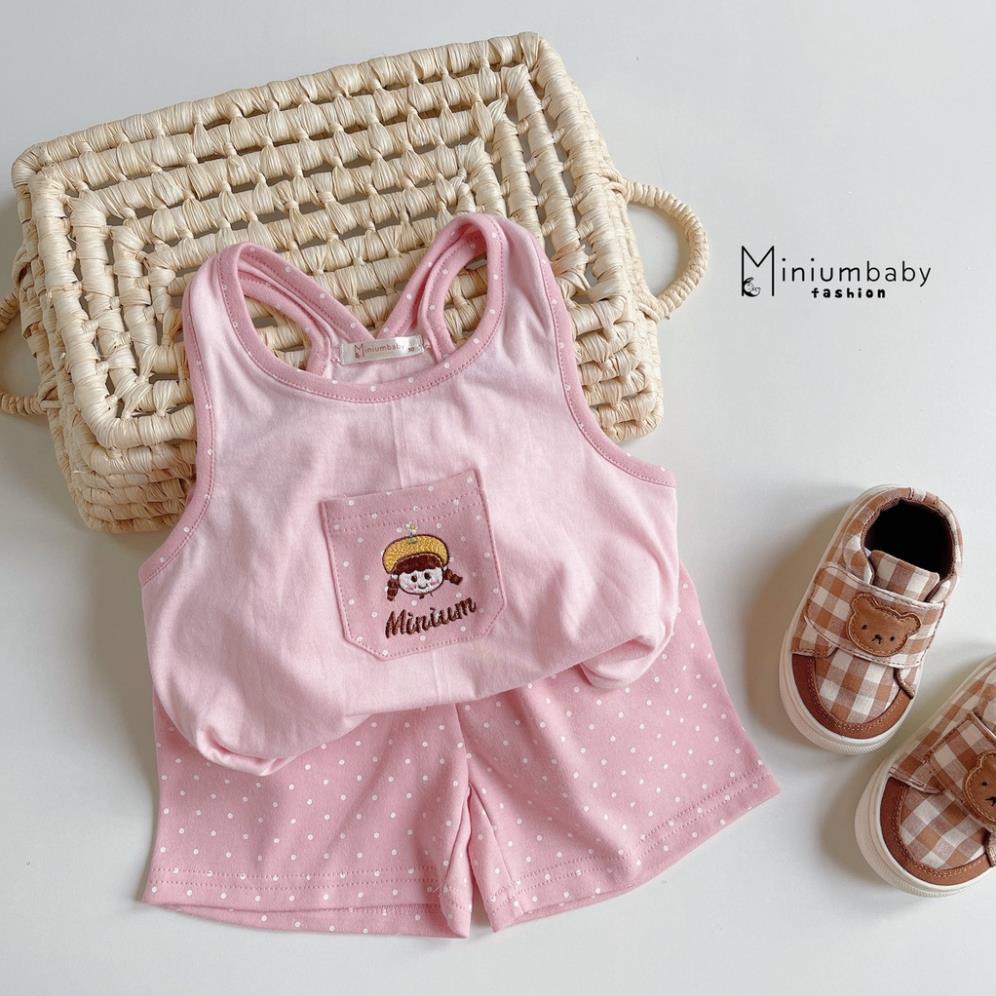 Set đồ thiết kế 2 cotton dây cho bé gái phối túi thêu xinh xắn, quần áo trẻ em MiniumBaby-SB1226, bộ không tay hè