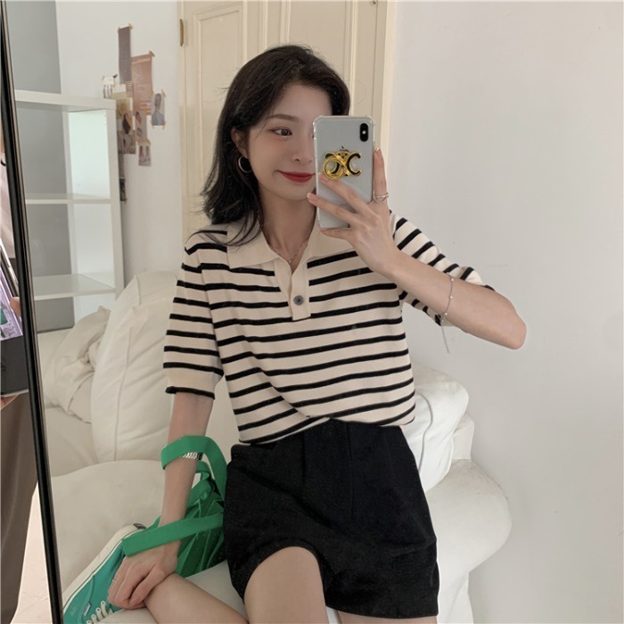 Áo thun ZHELIHANGFEI polo ngắn tay họa tiết kẻ sọc thời trang