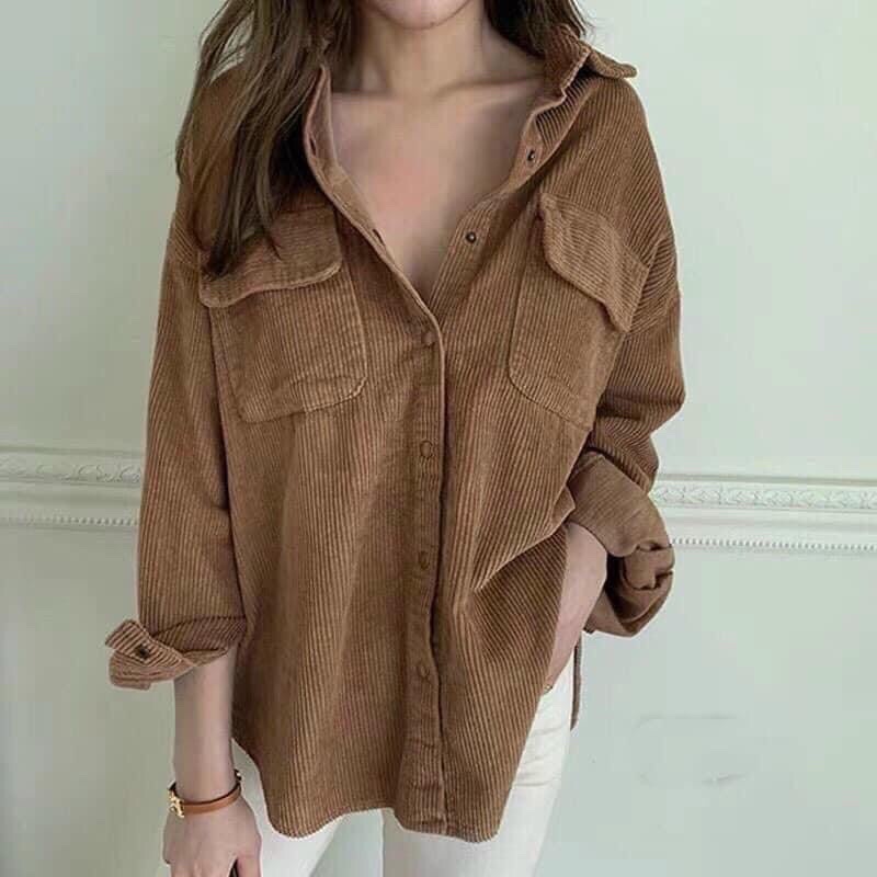 Sơ mi nhung hai tui ngực🌸DAQUY20🌸áo sơ mi nhung khoét đuôi tôm vintage màu cực xinh