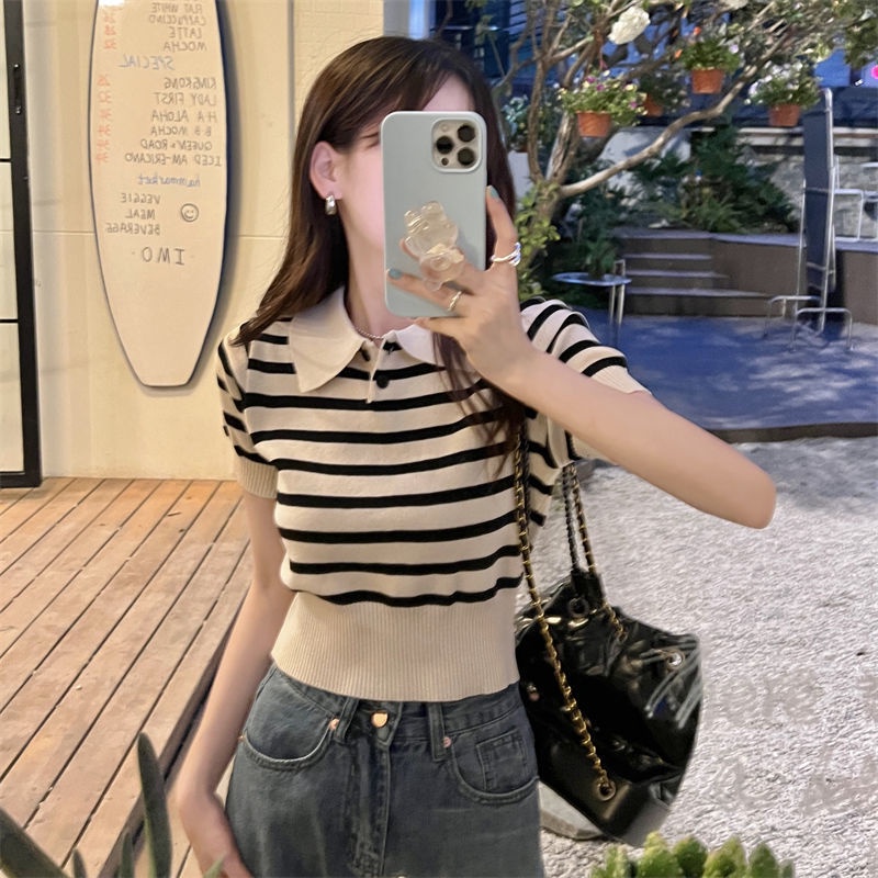 [hàng giá thấp]Áo croptop dệt kim tay ngắn cổ polo thời trang Hàn Quốc thanh lịch