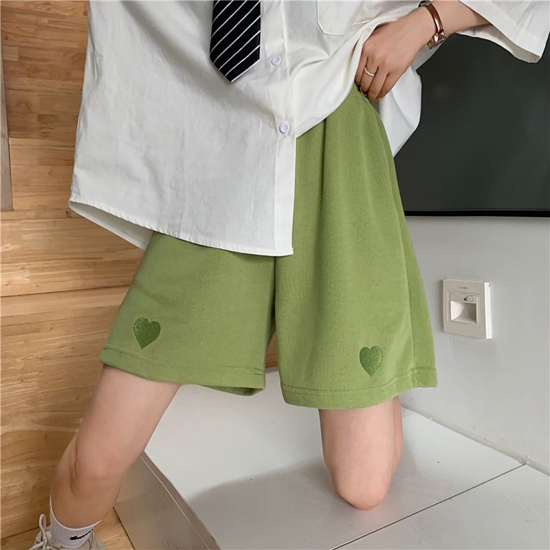 Quần short IELGY lưng cao ống rộng thêu họa tiết trái tim phong cách Hàn Quốc thời trang dành cho nữ