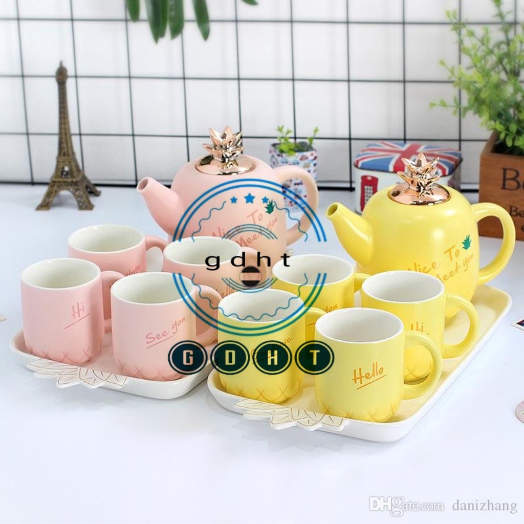 Bộ bình 4 cốc kèm khay hình dứa gốm sứ cao cấp