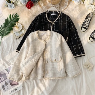 Áo khoác Tweed cúc hạt trai kẻ caro- Ord