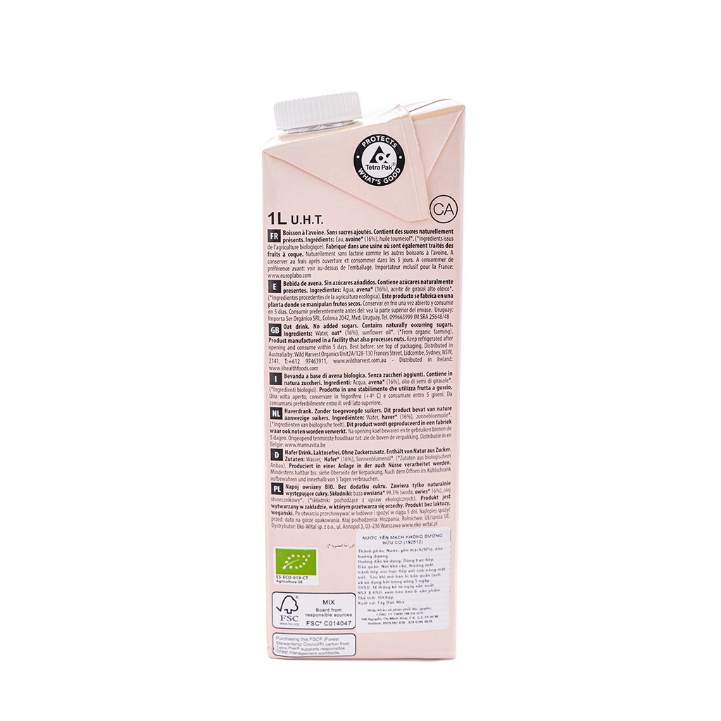 Sữa Yến Mạch Không Thêm Đường Hữu Cơ Ecomil (1L) - Organic Oat Milk No Added Sugars (1L)