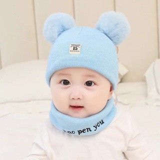 Set mũ+ khăn len 2 quả bông cho bé