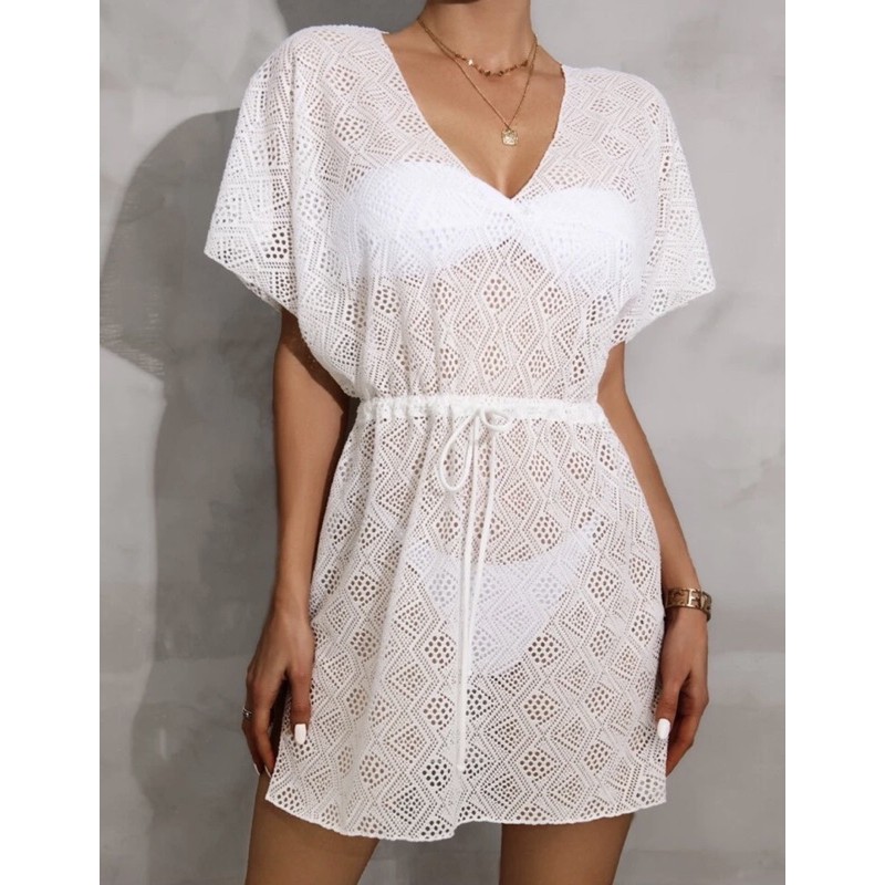 Áo Lưới Mặc Ngoài Bikini Sexy Xanh Trắng