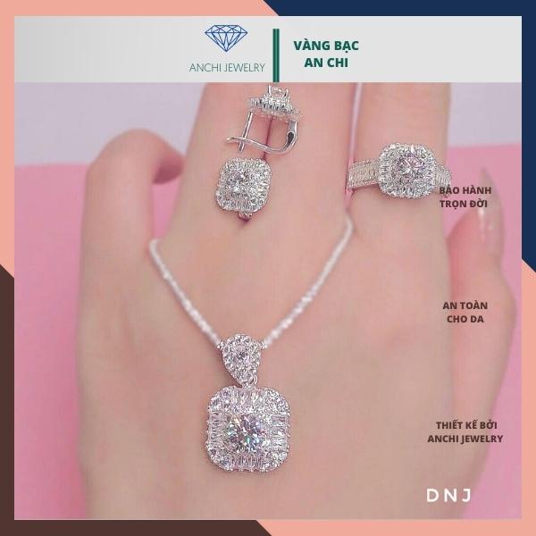 Bộ dây chuyền , nhẫn và bông tai mặt vuông to đính đá , chuẩn bạc 925 cao cấp sáng đẹp - Anchi jewelry