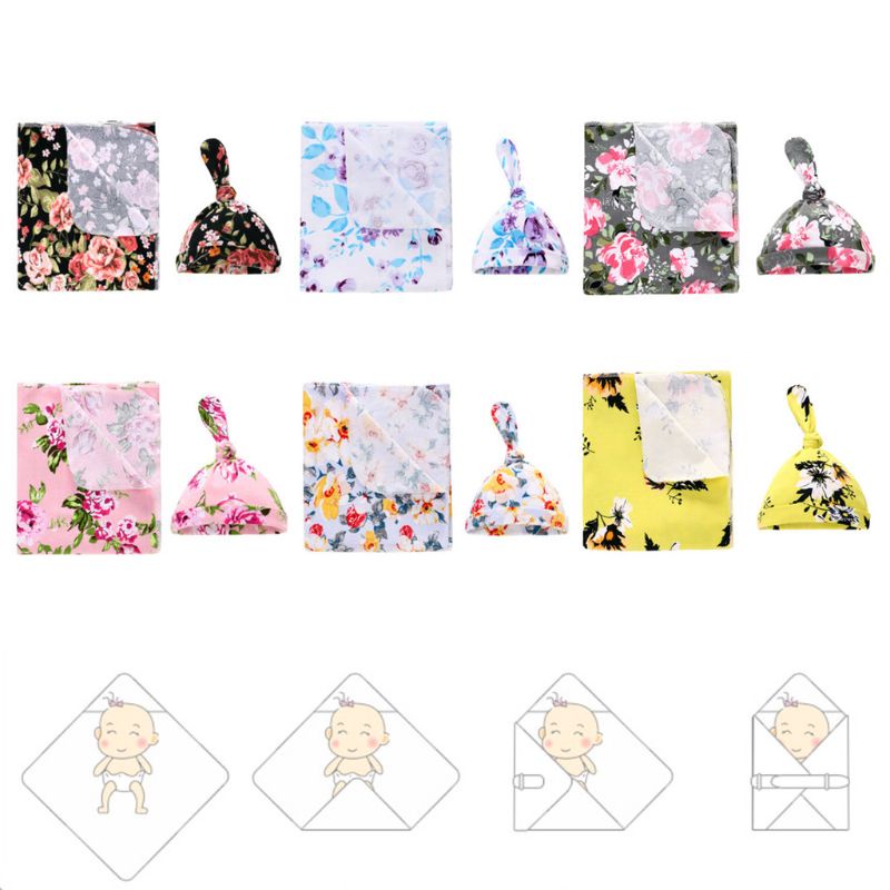 Bộ 2 Chăn Quấn Kèm Nón Cotton In Họa Tiết Đơn Giản Thời Trang Cho Bé Sơ Sinh