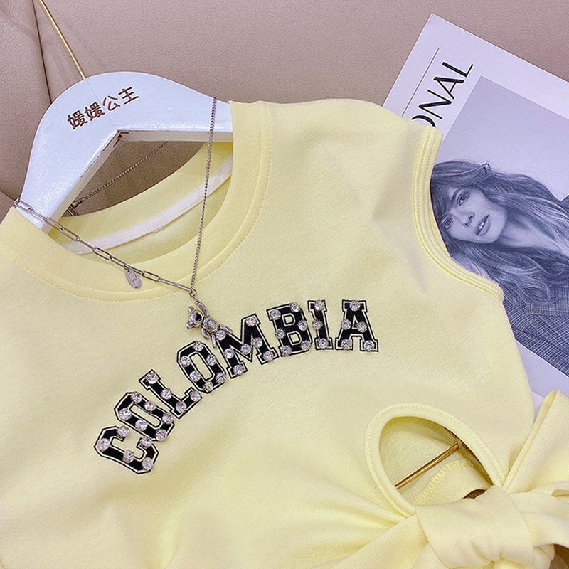 Set Đồ Thể Thao Hai Mảnh Áo Tay Ngắn + Quần Ống Rộng Phong Cách Phương Tây Thời Trang Mùa Hè Cho Bé Gái