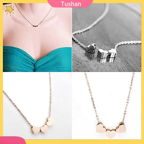 TUSH_Women's Fashion Jewelry Three Love Heart Chain Pendant Statement Choker Necklace