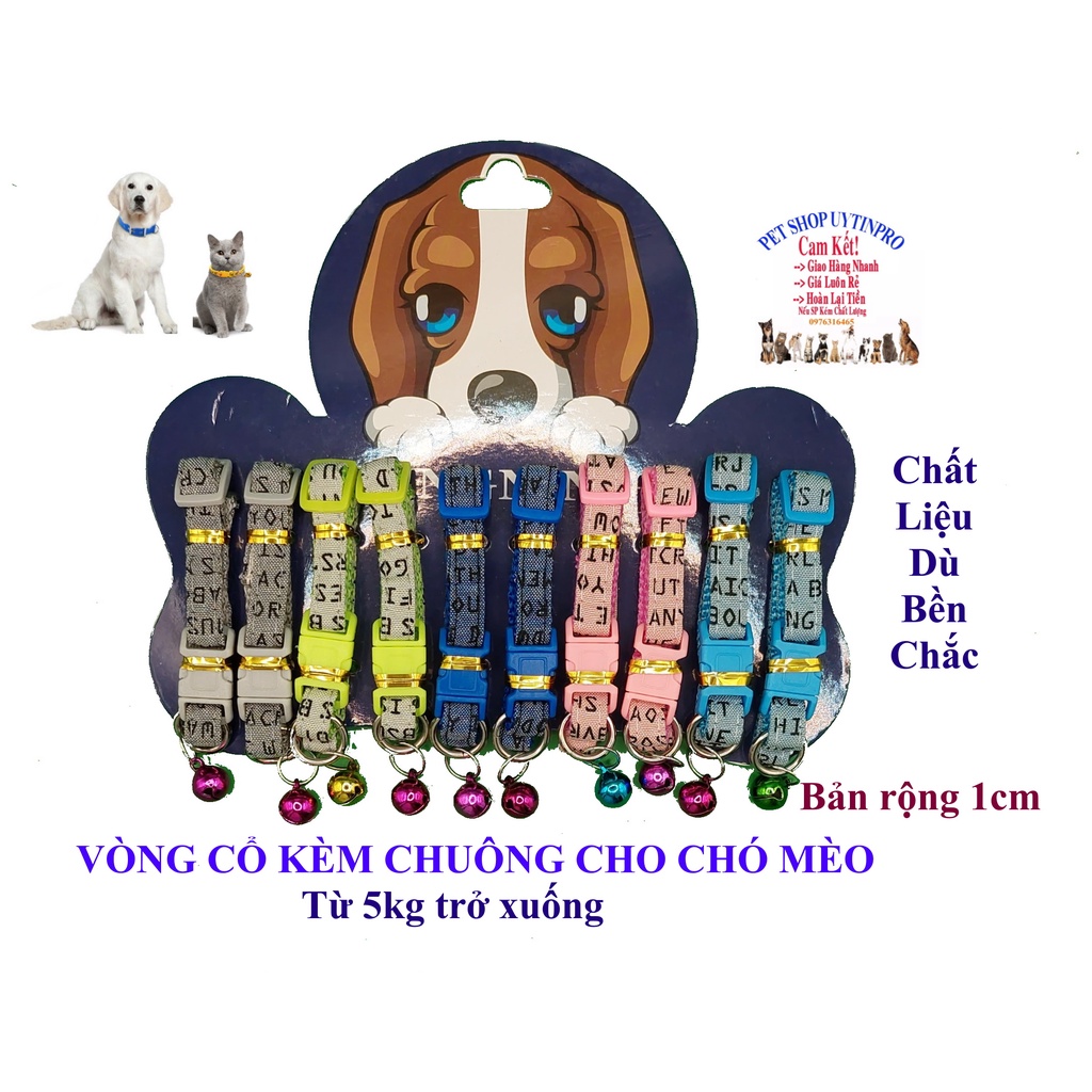 Vòng cổ kèm chuông cho Chó Mèo dưới 5kg Bản rông 1cm In CHỮ CÁI Chất liệu dù bền bỉ chắc chắn Có thể điều chỉnh to nhỏ
