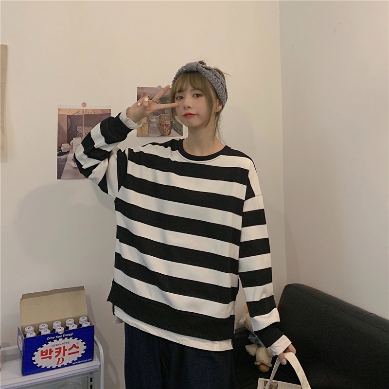 Áo Sweater Dáng Rộng Phối Sọc Xinh Xắn Theo Phong Cách Mùa Thu Dành Cho Nữ