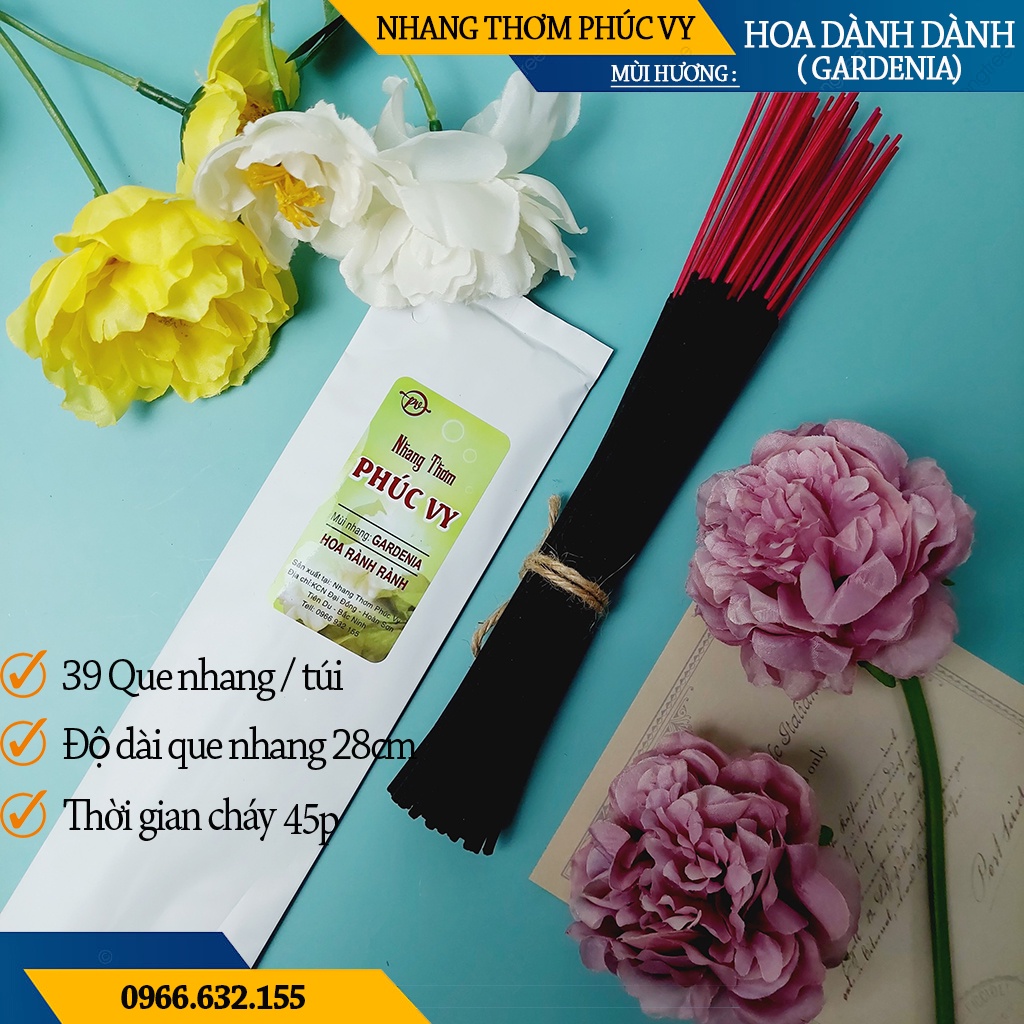 Nhang Thơm Phúc Vy Hương Hoa Dành Dành - Túi 39 Cây 28cm, Ít Khói, Thơm Nhẹ, Dễ Chịu, Không kích mũi