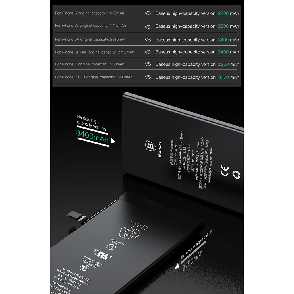 Baseus Original High Capacity 2250mAh Polymer Battery For IPhone7 Battery For Iphone 7 Batteria