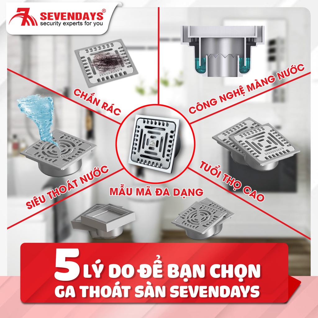 [BẢO HÀNH 10 NĂM] Phễu Thoát Nước Sàn Ngăn Mùi SEVENDAYS Kim Tự Tháp Mặt Vuông Size 12 mã SAV-12UM-02X