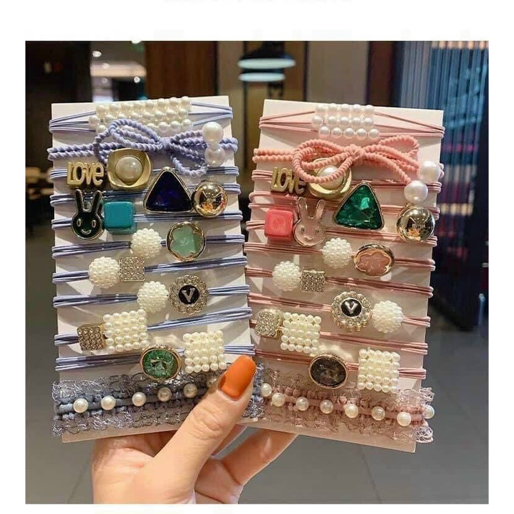 Set 11 dây buộc tóc cao su đơn giản dễ thương cho nữ kèm túi zip