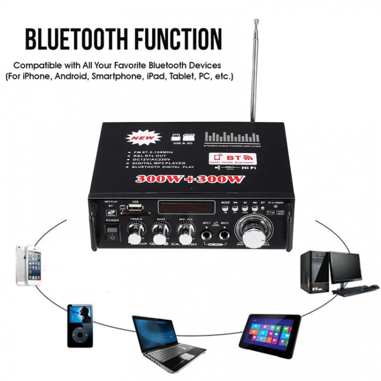 Ampli Bluetooth Karaoke Mini 12V/220V Công Suất 600W 2 Loa Cân Loa Thùng 2 Tấc, Bảo Hành 12 Tháng  - Lỗi 1 Đổi 1