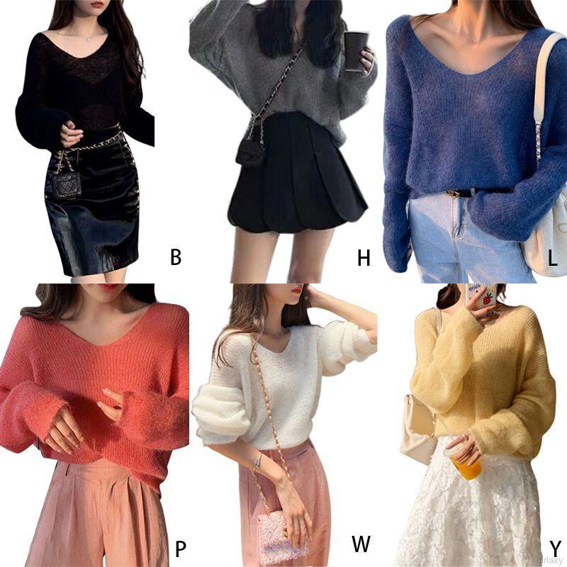 Áo len tay dài cổ V form rộng màu trơn phong cách thời trang Hàn Quốc | BigBuy360 - bigbuy360.vn