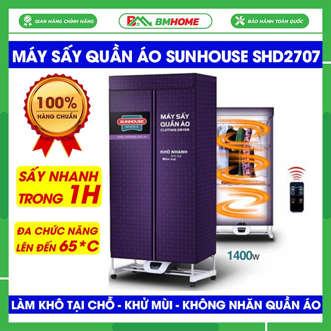 Máy sấy quần áo Sunhouse SHD2707 có điều khiển - Tủ sấy quần áo đa năng có thể đựng đồ, khử mùi tốt - BH 12 tháng