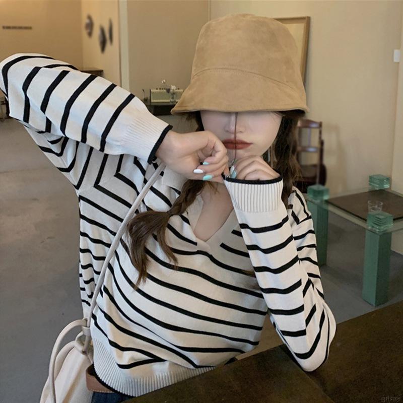 Áo len tay dài dáng rộng họa tiết kẻ sọc phong cách retro Hàn Quốc cho nữ