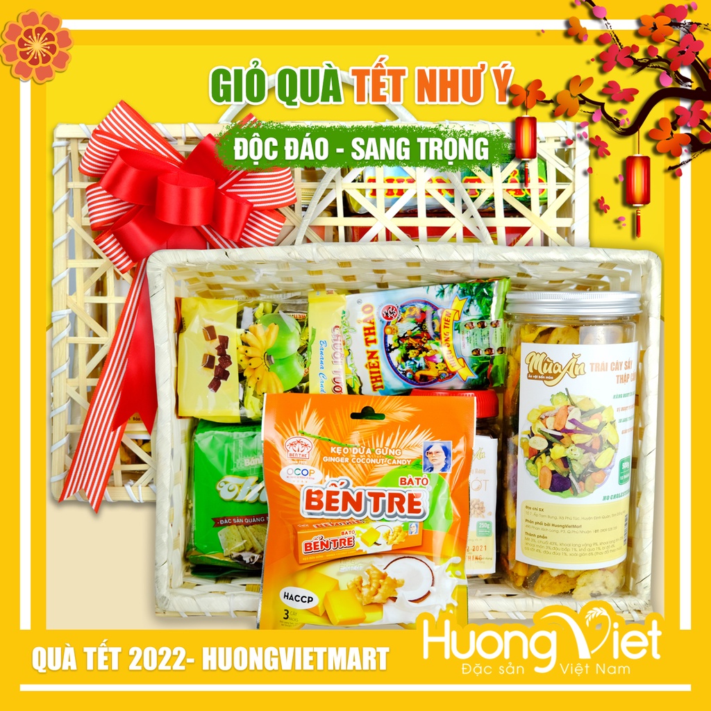 Giỏ quà đặc sản Miền Tây, kết hợp nhiều món đặt sản nổi tiếng Việt Nam ( Giỏ tre kết hợp cùng nơ vải handmade )