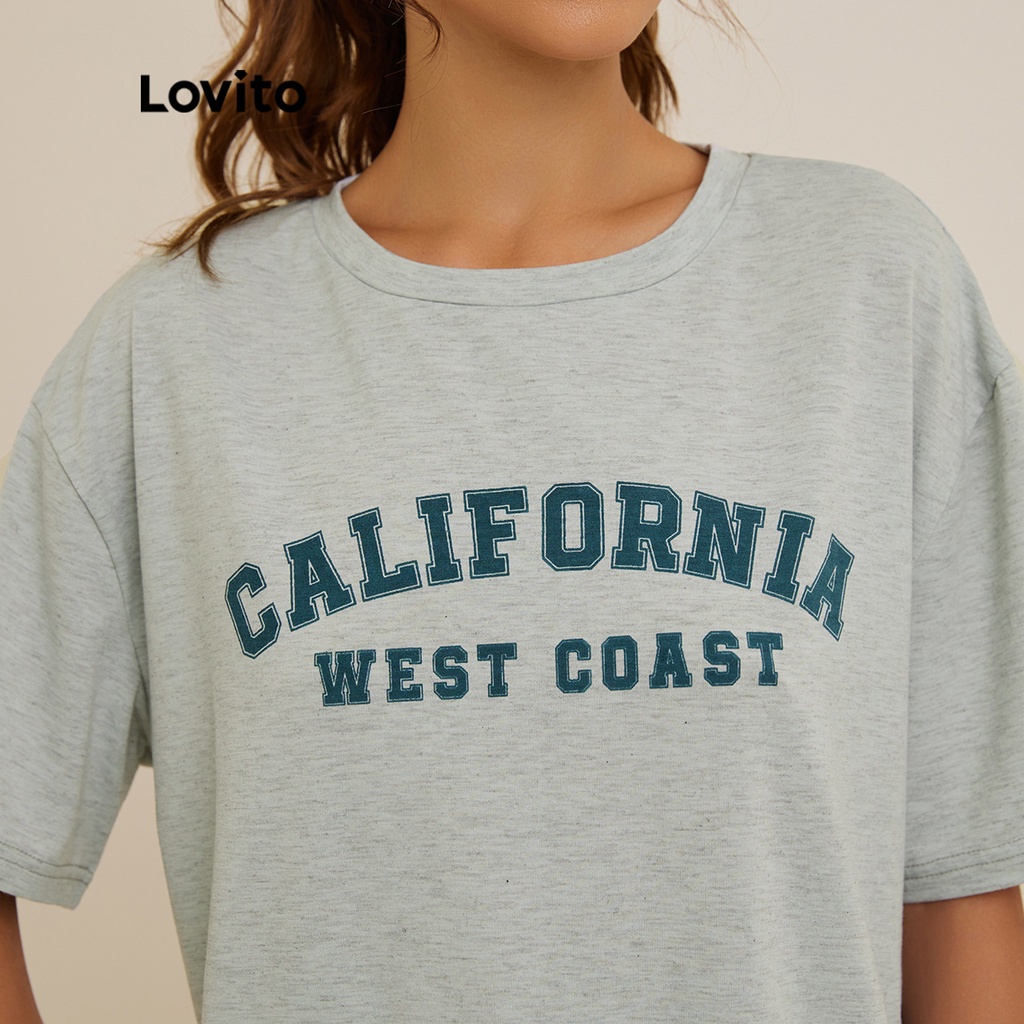 Áo thun Lovito họa tiết chữ cổ tròn phong cách thường ngày L19D235 (màu xám)