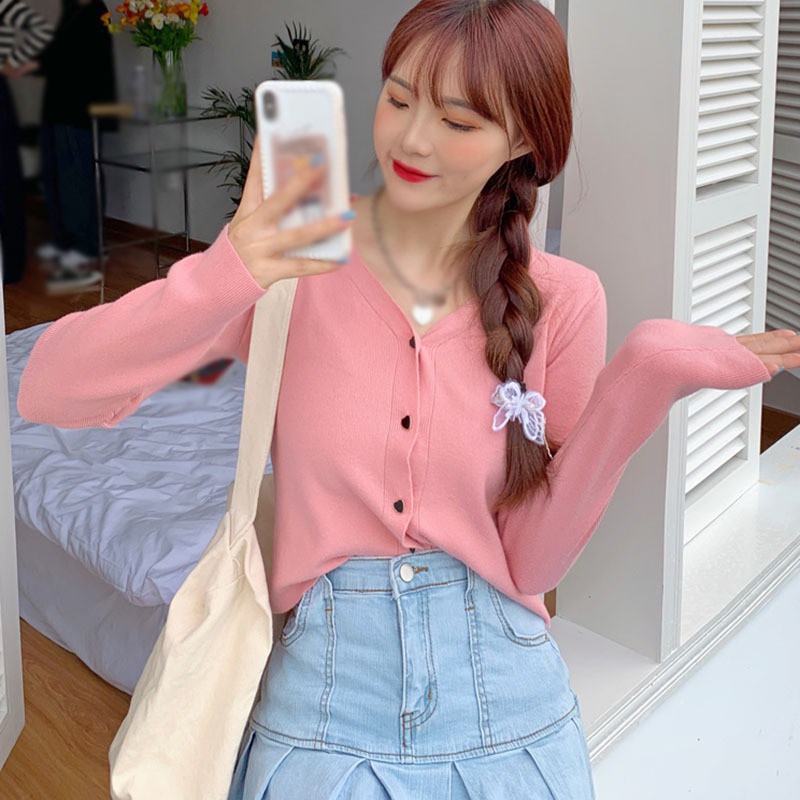 Áo sweater tay dài màu trơn phối nút thời trang cho nữ
