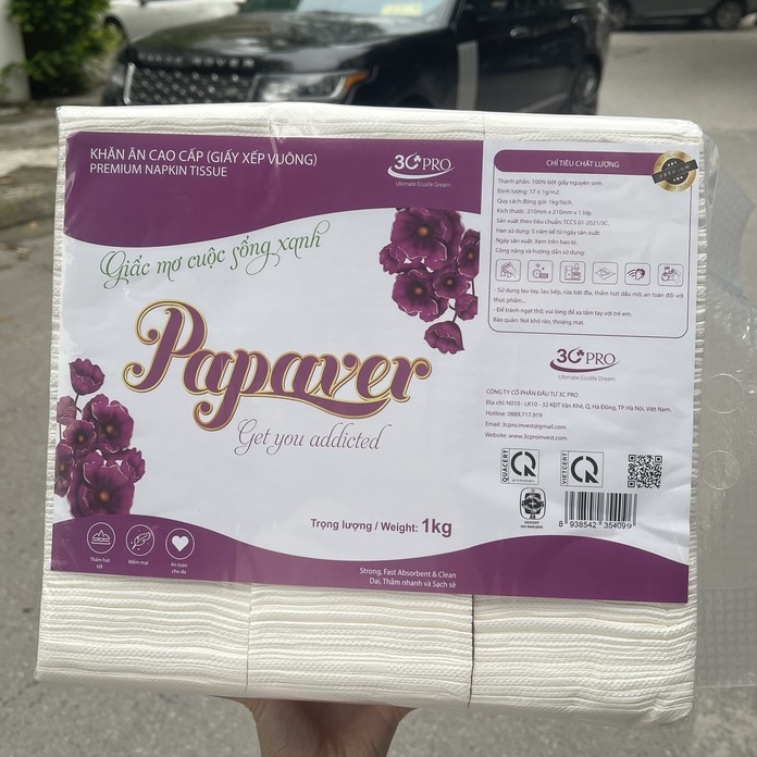 [COMBO] 10 Bịch Giấy ăn Nhà hàng Papaver bịch lớn 1kg, siêu mềm, siêu dai, 100% bột giấy nguyên sinh, không bụi