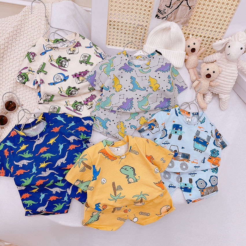 Bộ Quần Áo Cộc Tay In Hình Ô Tô Khủng Long Vải Cotton Tàu Loại 1 Cho Bé Từ 8-19kg Mã CT09