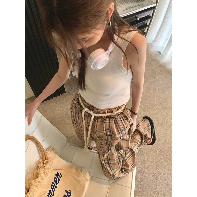 Quần dài ZHELIHANGFEI dáng rộng lưng cao họa tiết caro phong cách học đường thời trang dành cho nữ