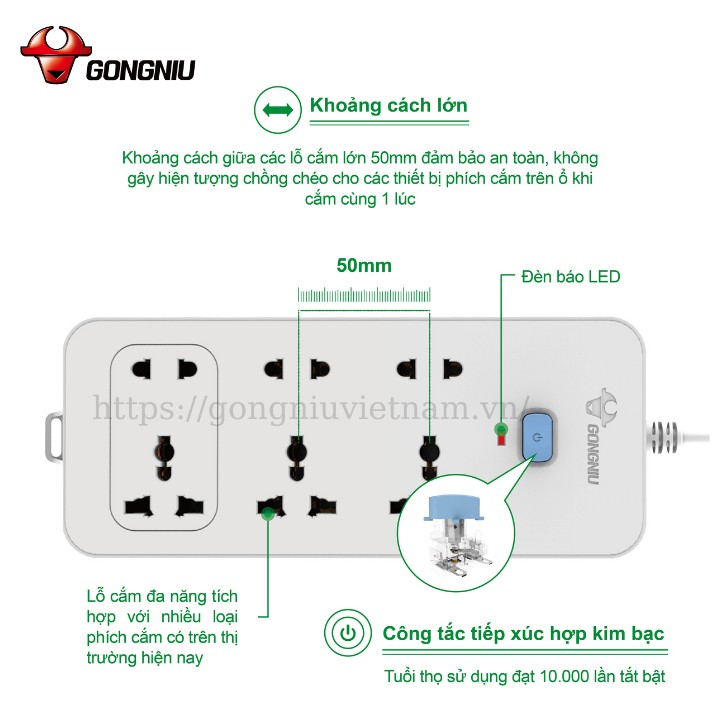 Ổ Cắm Điện Chống Cháy GONGNIU - 6 Ổ Đa Năng 1 Công Tắc – Công Suất 10A/250/2500W – N1330 - Chính Hãng