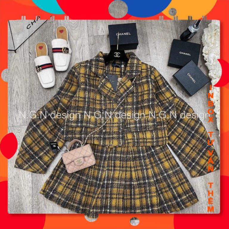 Set áo khoác dạ mix chân váy xoè kẻ vàng chuẩn NGN -VyQuiLaiBR SHOP- IB SHop Nhé