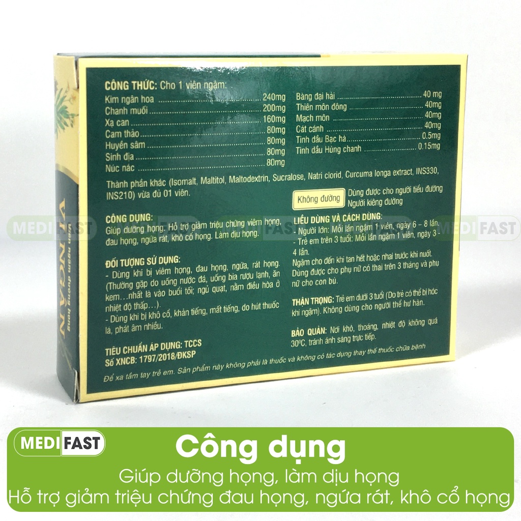 Kẹo ngậm giảm ho Vĩ ngân sát khuẩn họng, không đường thành phần từ húng chanh, bạc hà, chanh muối Hộp 10 viên