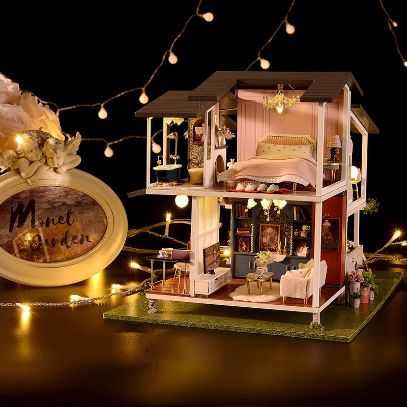 Mô hình nhà DIY Doll House Monet Garden Kèm Mica Chống bụi, Bộ dụng cụ, Keo dán và Bộ phát nhạc