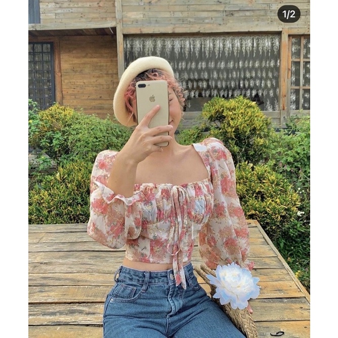 ÁO CROP HOA CỔ U