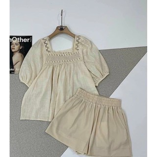Set áo baby doll đũi tằm mix chân váy màu nâu tây