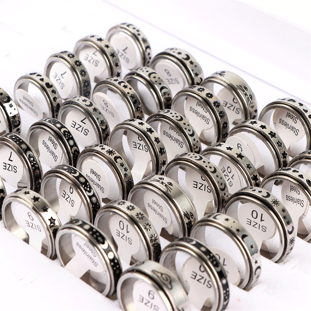 Bộ 20 Nhẫn Xoay Bằng Thép Không Gỉ Họa Tiết Mặt Trời / Ngôi Sao Màu Đen Thời Trang Thích Hợp Làm Quà Tặng