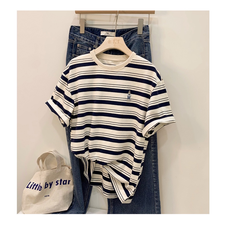 Áo Thun Tay Ngắn Họa Tiết Kẻ Sọc Thiết Kế Mới Thời Trang Mùa Hè Theo Phong Cách Hàn Quốc Cho