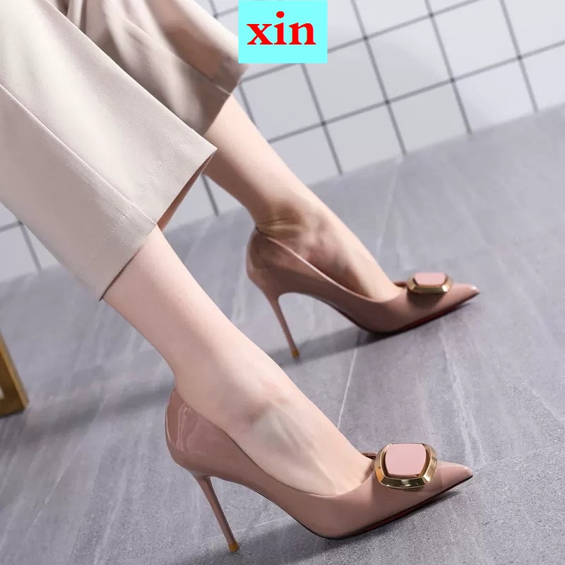 Giày cao gót mũi nhọn phối khóa vuông thời trang xuân thu quyến rũ cho nữ 2021