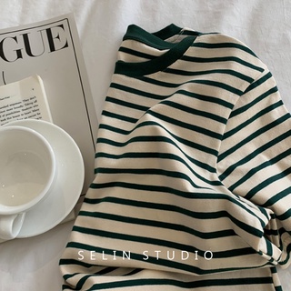 Nữ Mùa Hè Sọc Cổ Tròn Vintage Màu Rời Áo Thun Nữ Tay Ngắn Đơn Giản Hàng Đầu